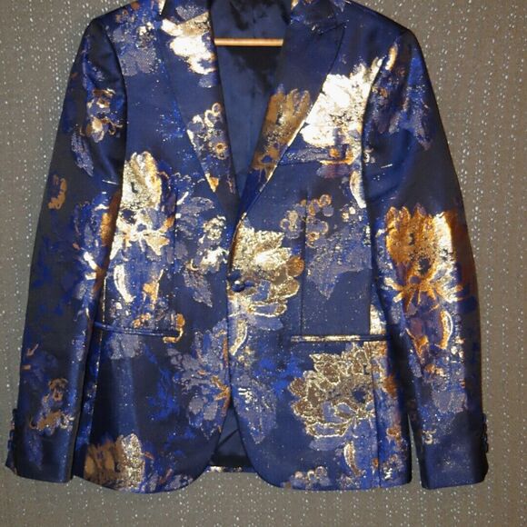 Moss London Mens Party Satin Gold Metallic Floral Skinny Button Jacquard Coat M - Picture 5 of 16